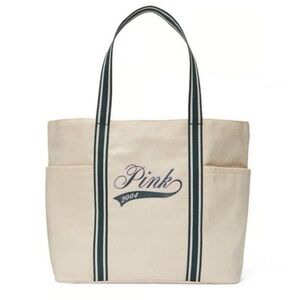 NWT Victoria’s Secret PINK Canvas Tote, Cream, Pink, Forest Green